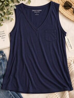 Grace + Karma Essential Tee Navy V Neck Pocket Tank Top NWT L